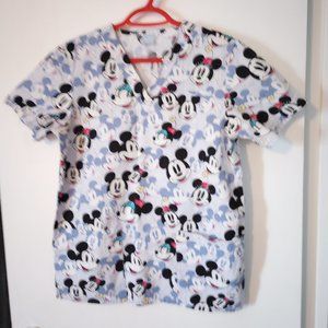 Disney Mickey Mouse & Minnie Scrub Top With Pockets Size Small